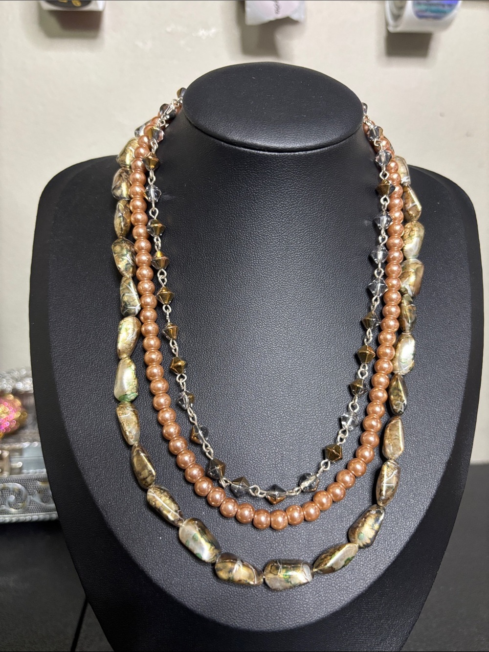 Multi-Strand Mixed Media Faux Pearl & Bead Necklace in Bronze and Gold
